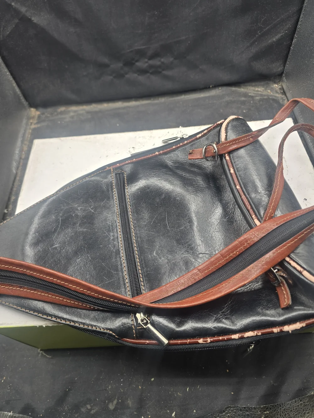 Black Leather Men’s Messenger Bag with Embossed Logo
